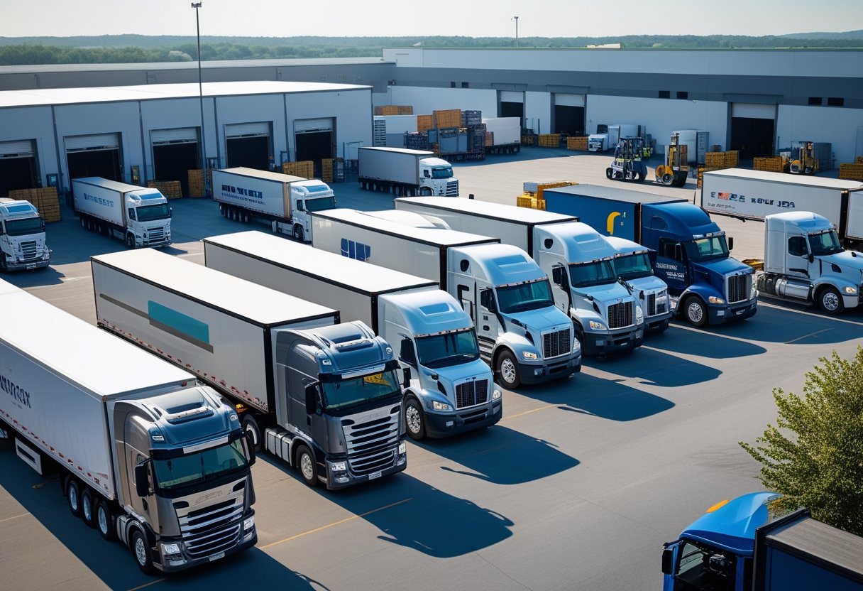 A busy logistics hub with multiple semi-trucks and freight trailers parked and moving near warehouses, with workers and forklifts handling cargo.