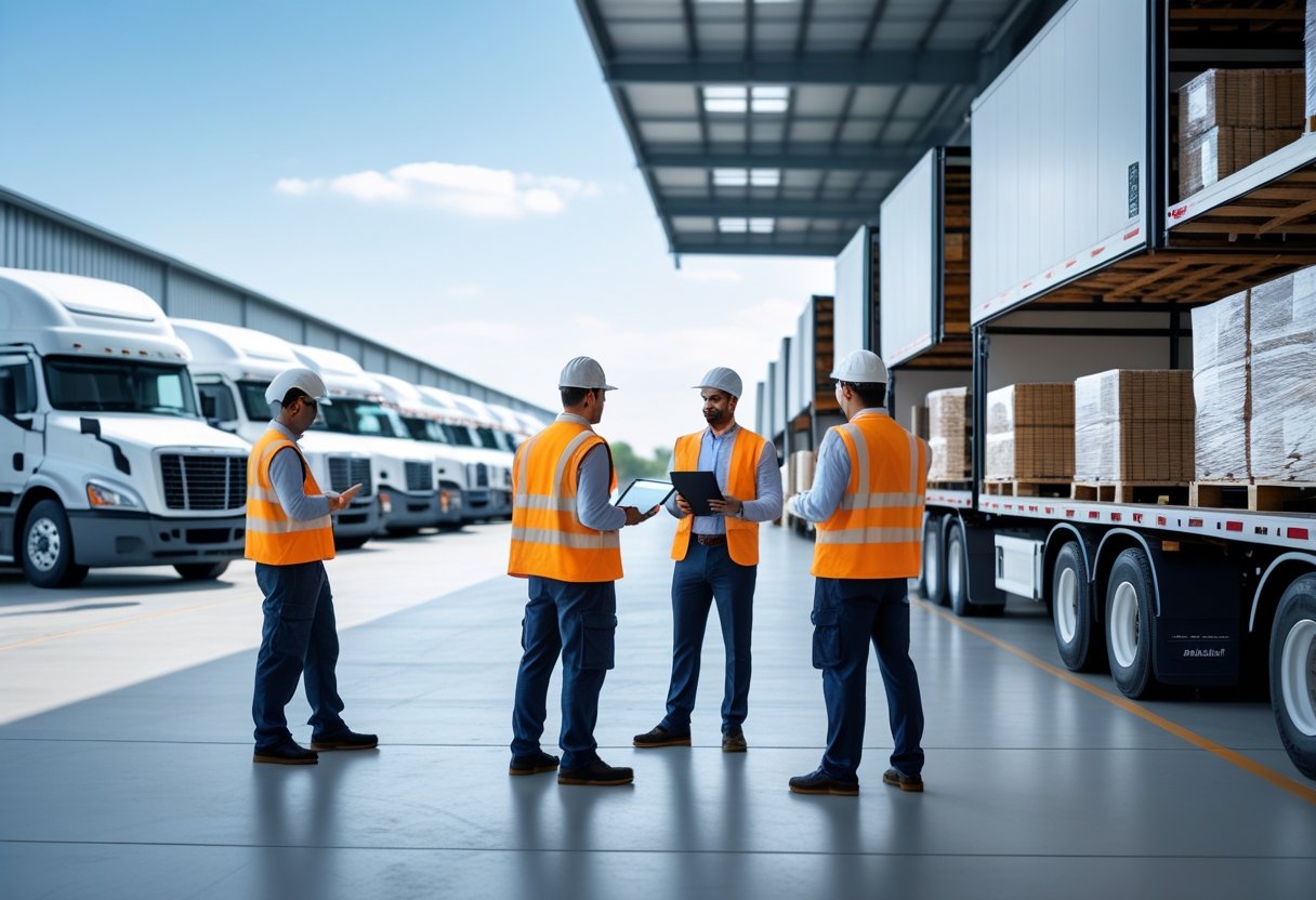 Trucks parked outside a logistics warehouse with workers coordinating shipments and a manager discussing plans with a driver.