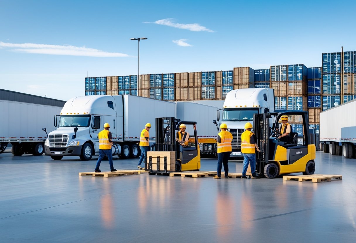 Workers loading cargo onto semi-trucks outside a large warehouse at a trucking logistics company.