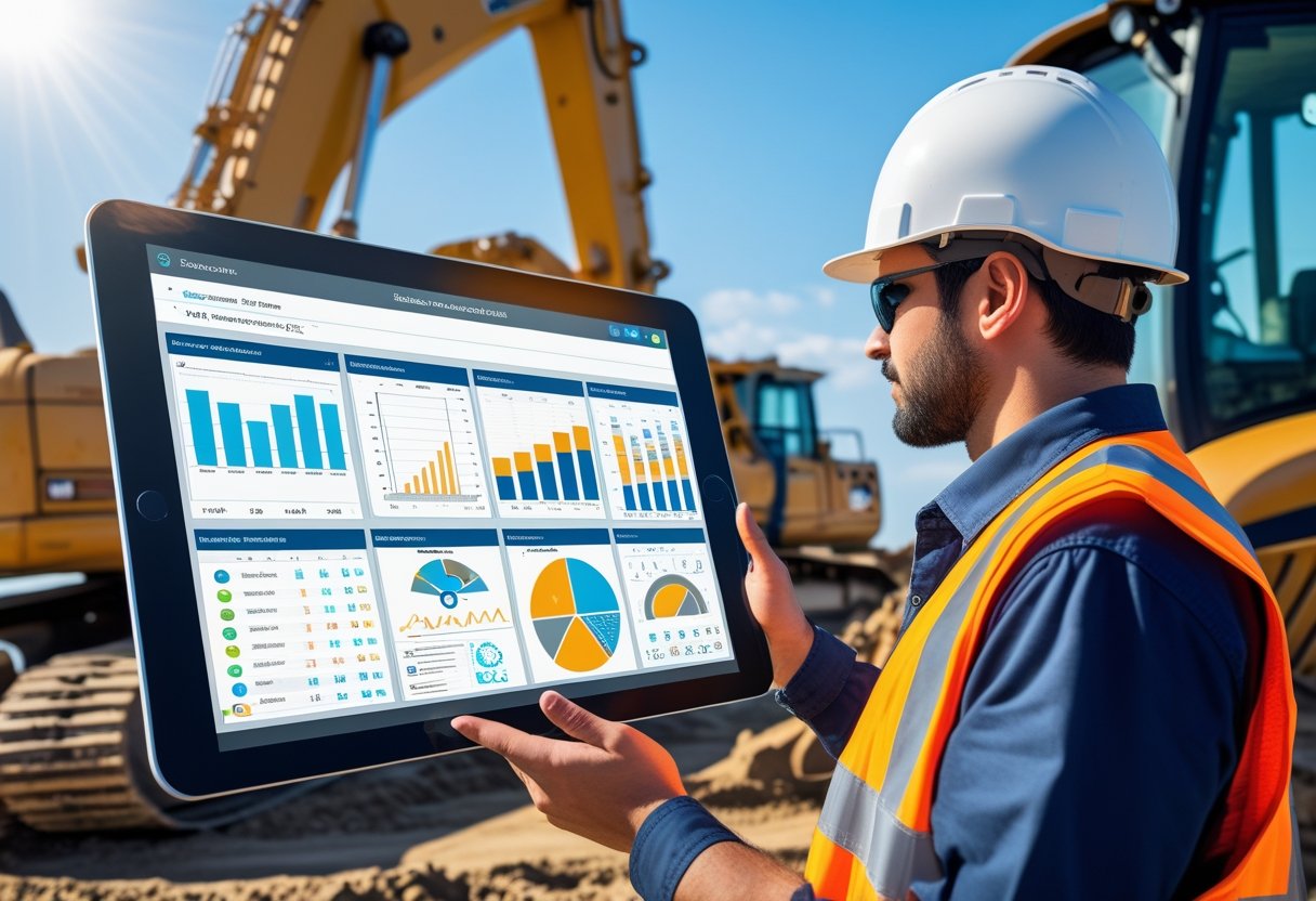 Technician holding a tablet showing maintenance software with heavy machinery in the background at a construction site.