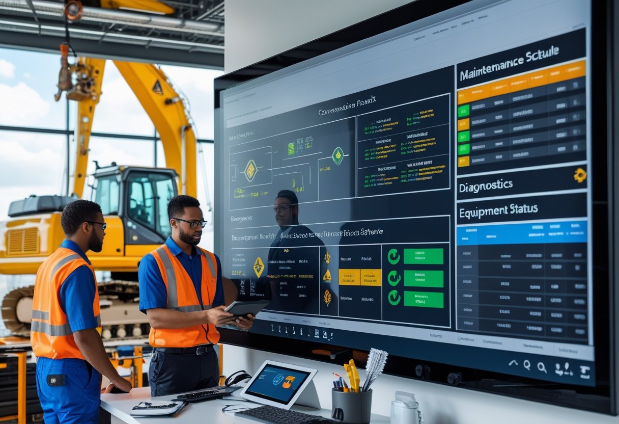 Engineers and technicians collaborating around a digital touchscreen displaying heavy equipment maintenance data with construction machinery visible in the background.