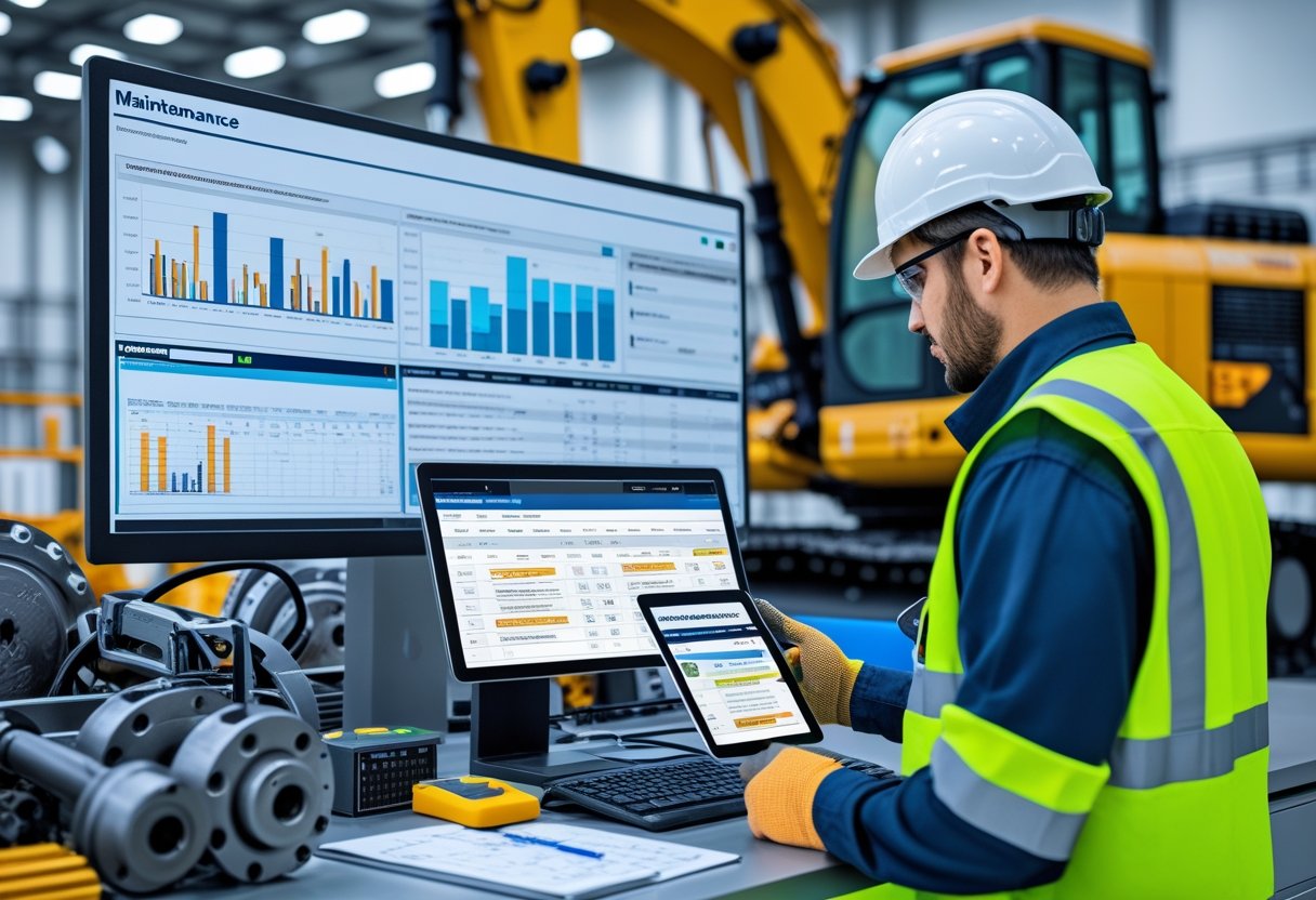 Technician using a tablet in a clean industrial workspace with a computer screen showing maintenance software and heavy construction equipment in the background.
