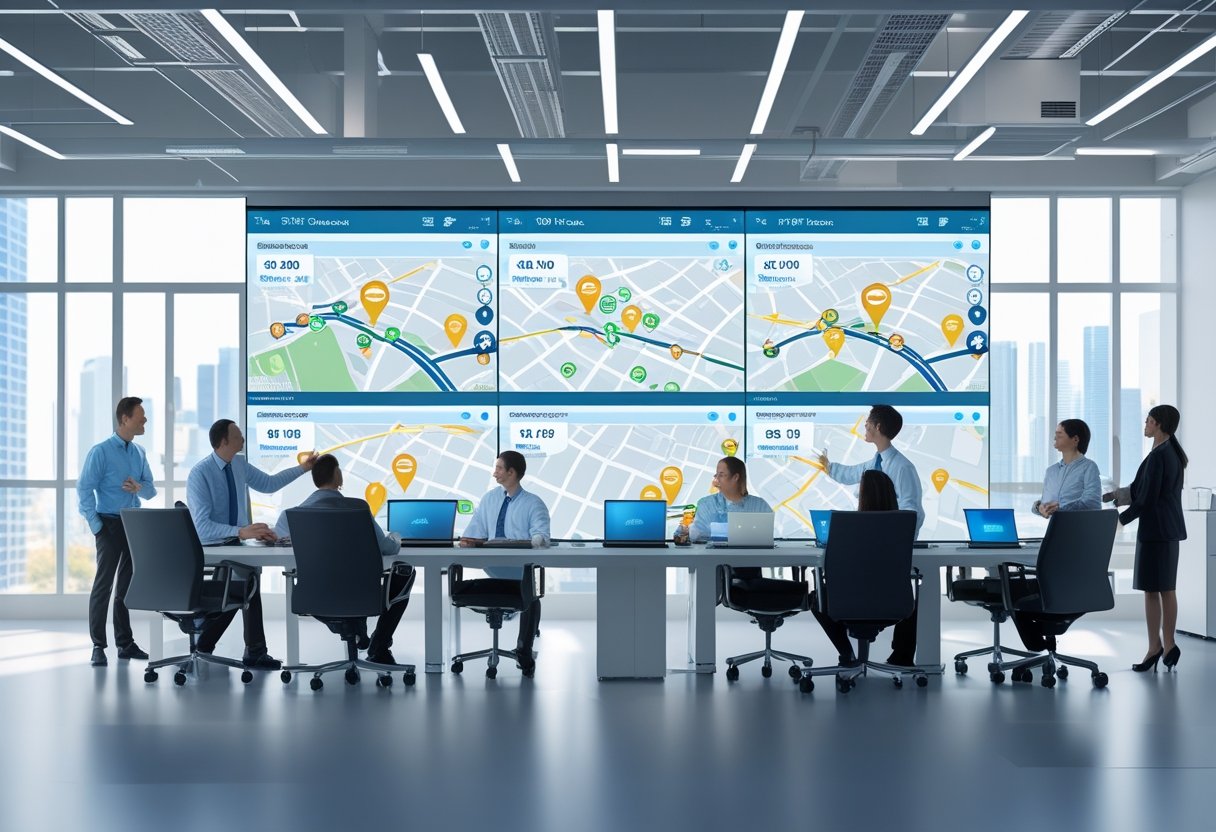 Professionals in a modern office monitoring real-time vehicle locations and routes on large digital screens.
