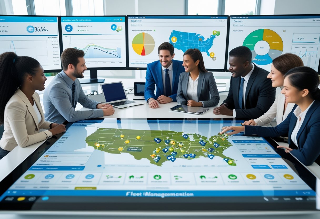 Business professionals working together around a digital touchscreen table displaying fleet management software with maps and data charts in a bright office.