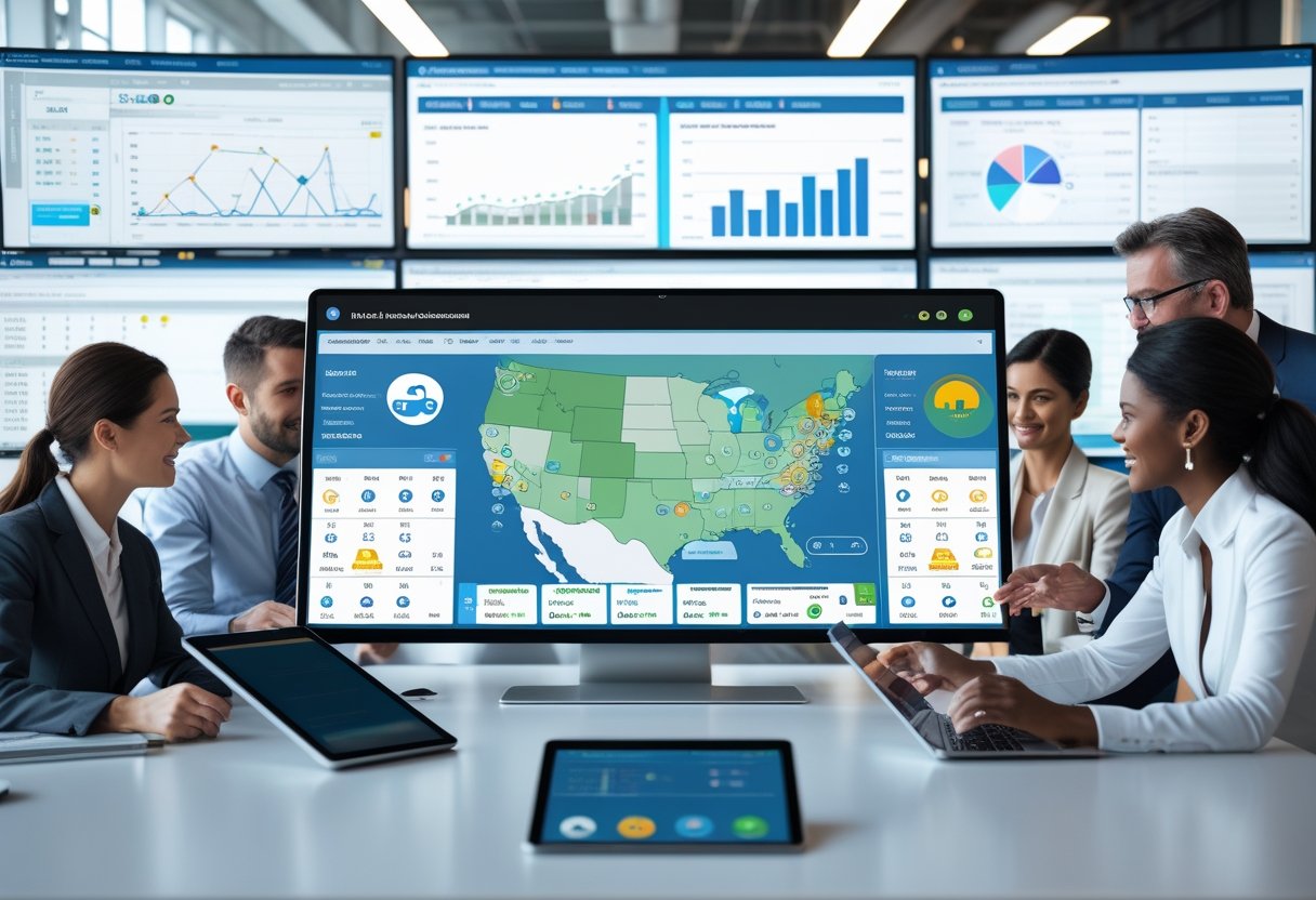 Business professionals collaborating around a digital touchscreen showing fleet management data in a modern office.