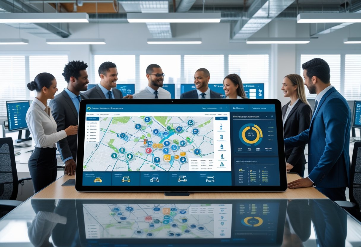 Business professionals collaborating around a digital touchscreen table showing fleet management data in a modern office.
