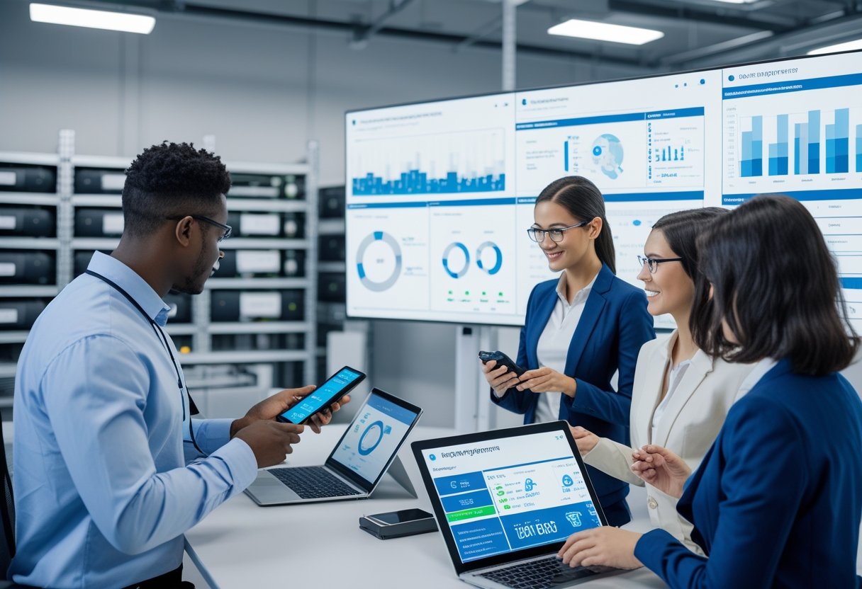 A team of professionals in an office using digital devices to monitor and track industrial equipment with visible tags on shelves.