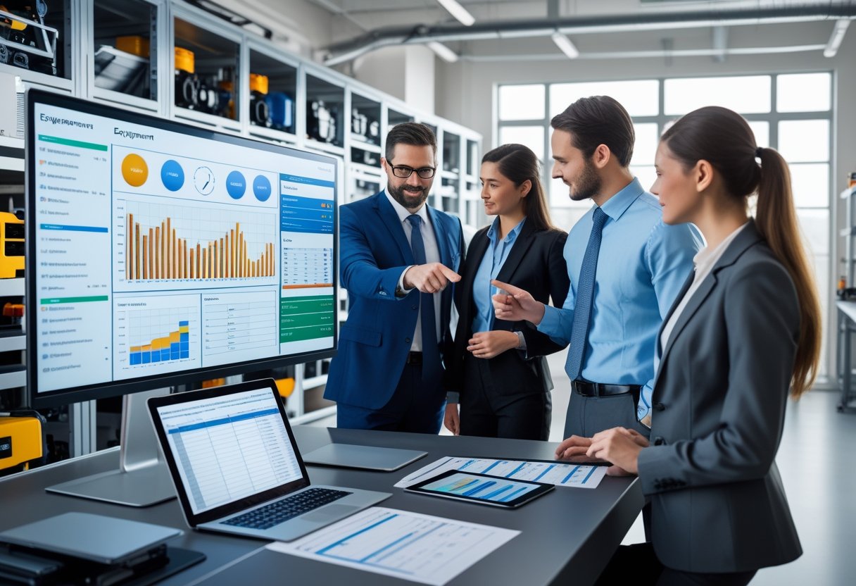 Office scene with professionals reviewing equipment management data on a computer screen surrounded by tools and documents.