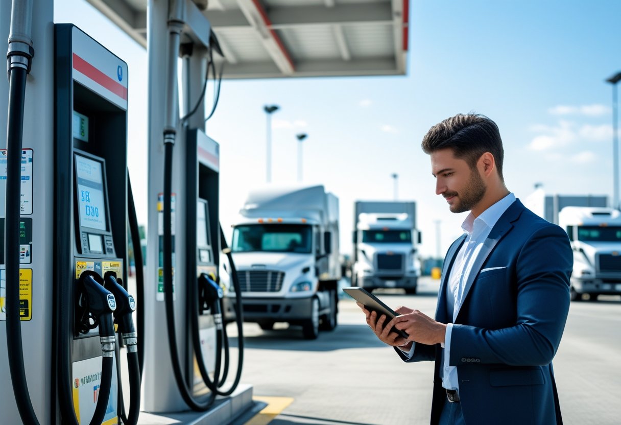 A person using a tablet at a fuel station with fuel pumps and vehicles in the background.