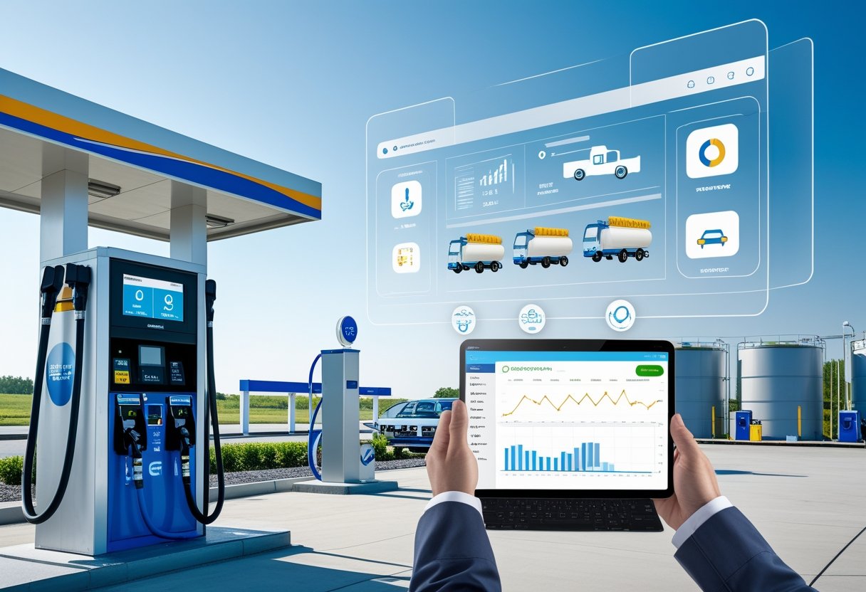 A fuel station with digital fuel pumps, a technician using a tablet showing fuel data, and a digital dashboard displaying fuel consumption and vehicle tracking.