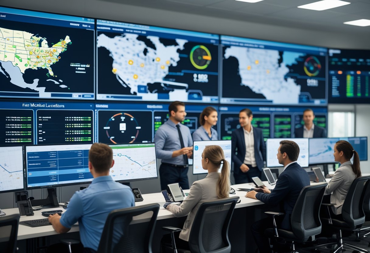 A group of professionals monitoring vehicle locations and data on large screens in a control room.