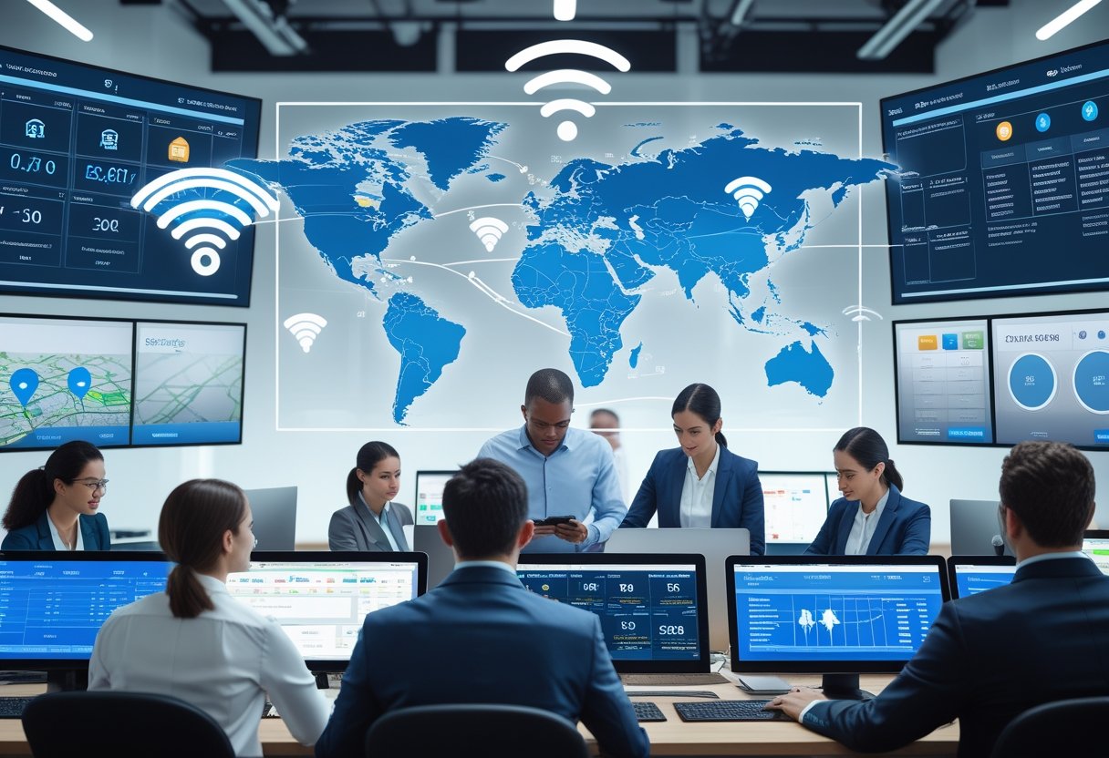 A control room with professionals monitoring real-time vehicle locations and data on multiple large digital screens.