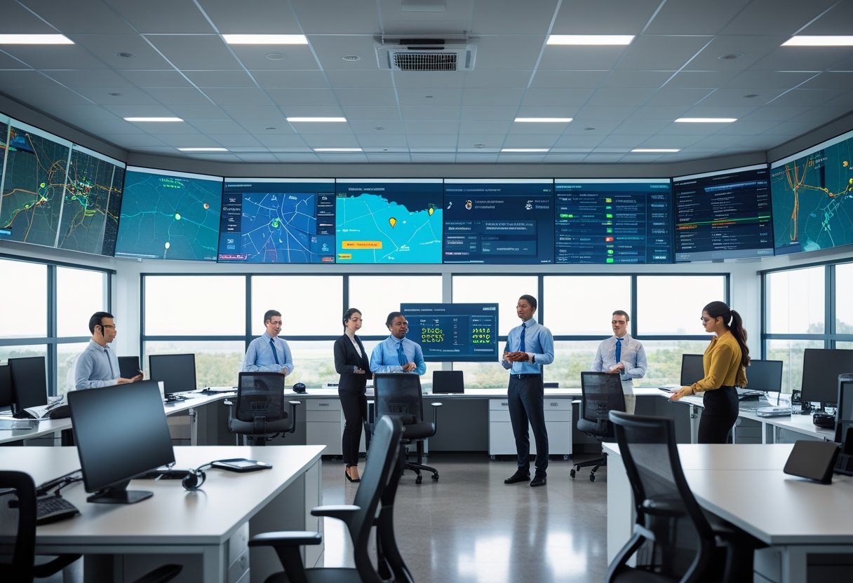 A team of professionals monitoring vehicle locations and routes on large digital screens in a modern control room.