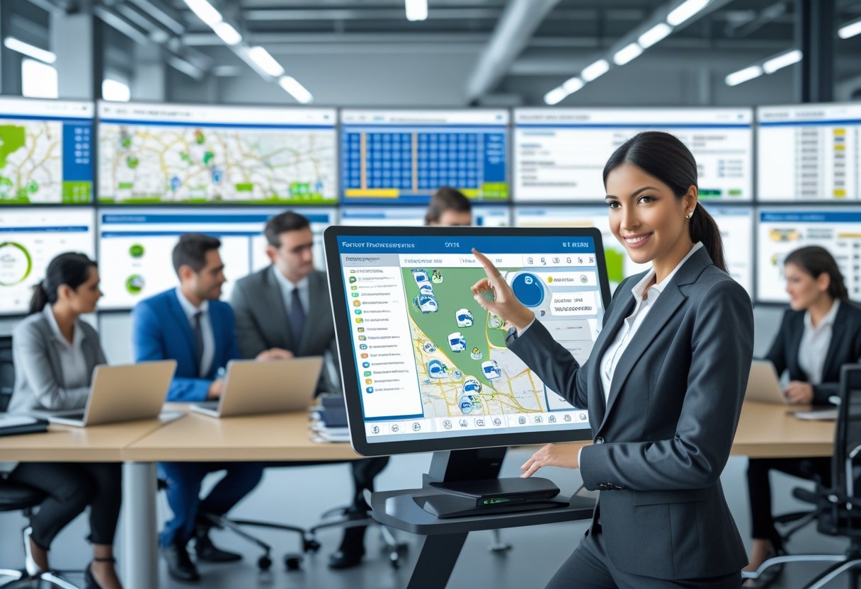 A team of professionals working in an office with screens showing maps and vehicle tracking data.