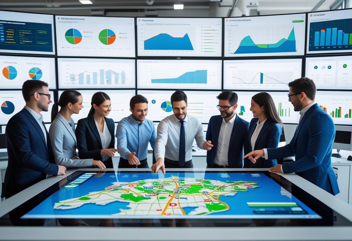 A team of professionals collaborating around a digital table showing a map with vehicle routes and data in a modern office.