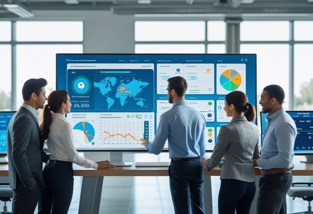 A team of professionals working together around a large touchscreen displaying a fleet management dashboard with maps, charts, and data in a modern office.