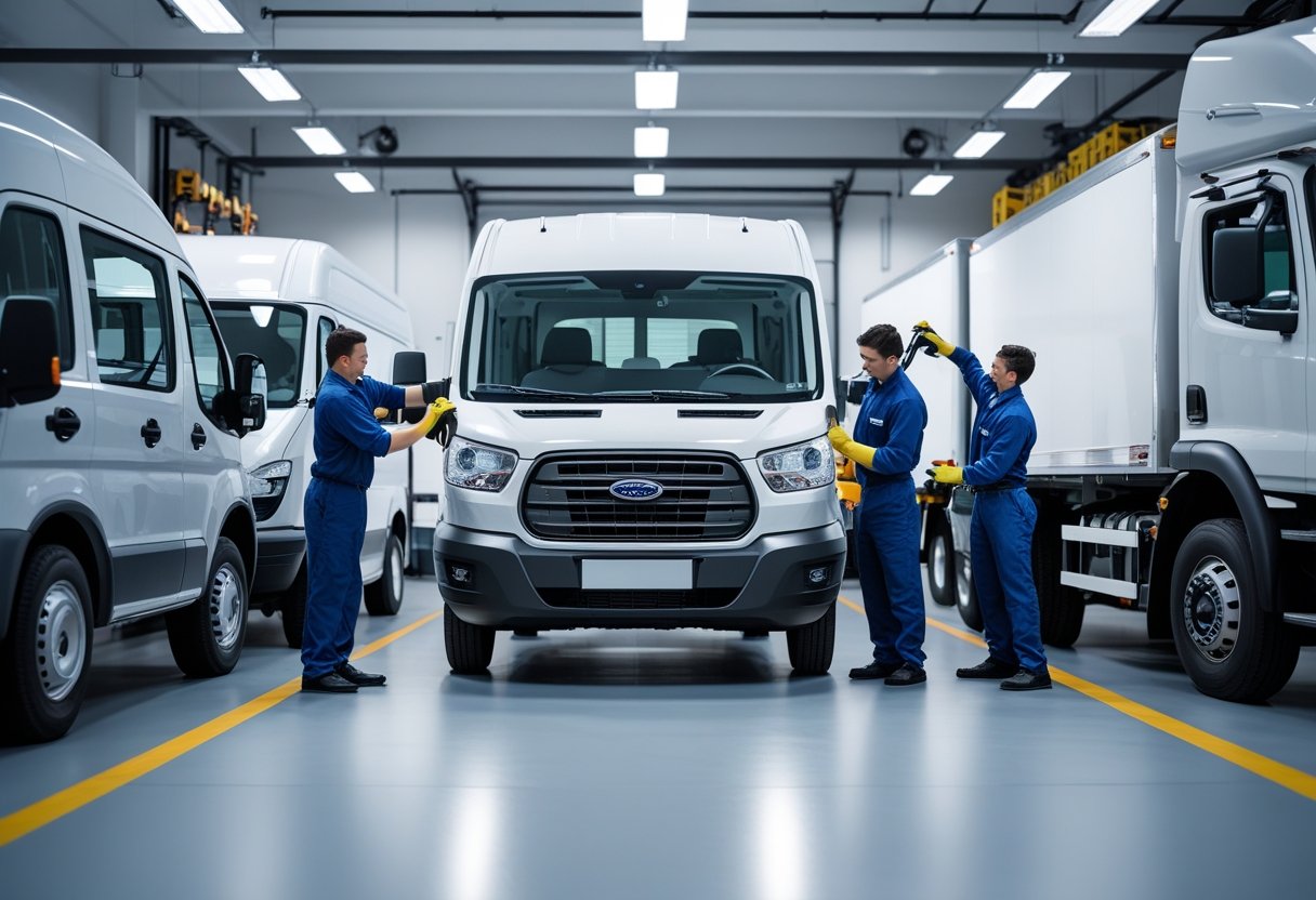Mechanics performing maintenance on commercial fleet vehicles inside a clean, organized garage.