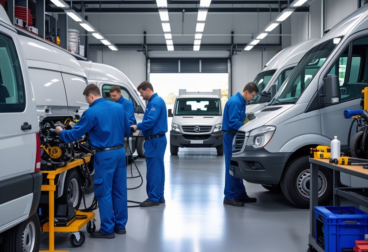 Mechanics performing different maintenance tasks on fleet vehicles in an organized automotive workshop.