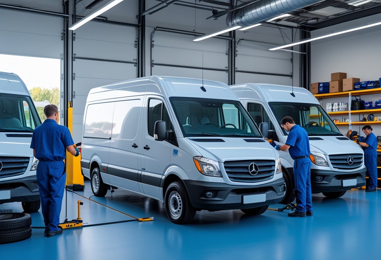 Mechanics servicing multiple commercial fleet vehicles in a clean and organized automotive workshop.