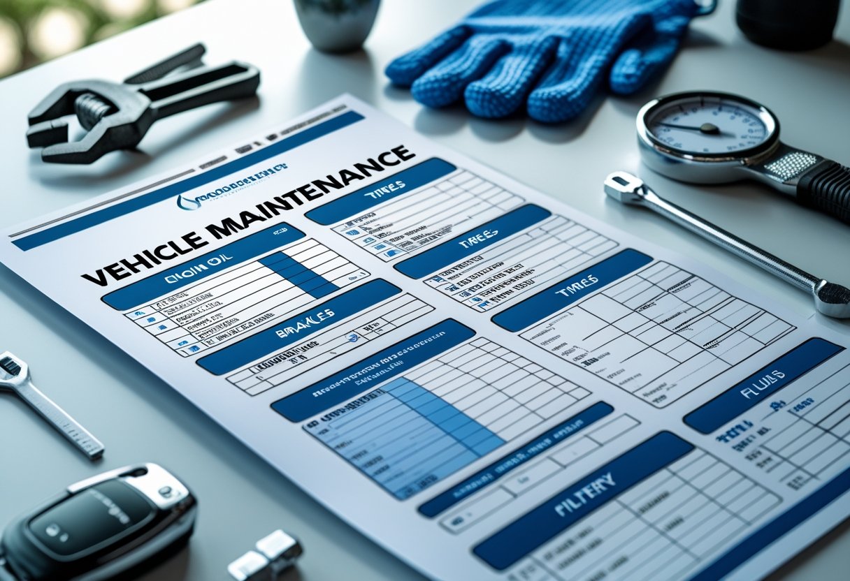 A vehicle maintenance sheet on a desk surrounded by automotive tools and car keys.