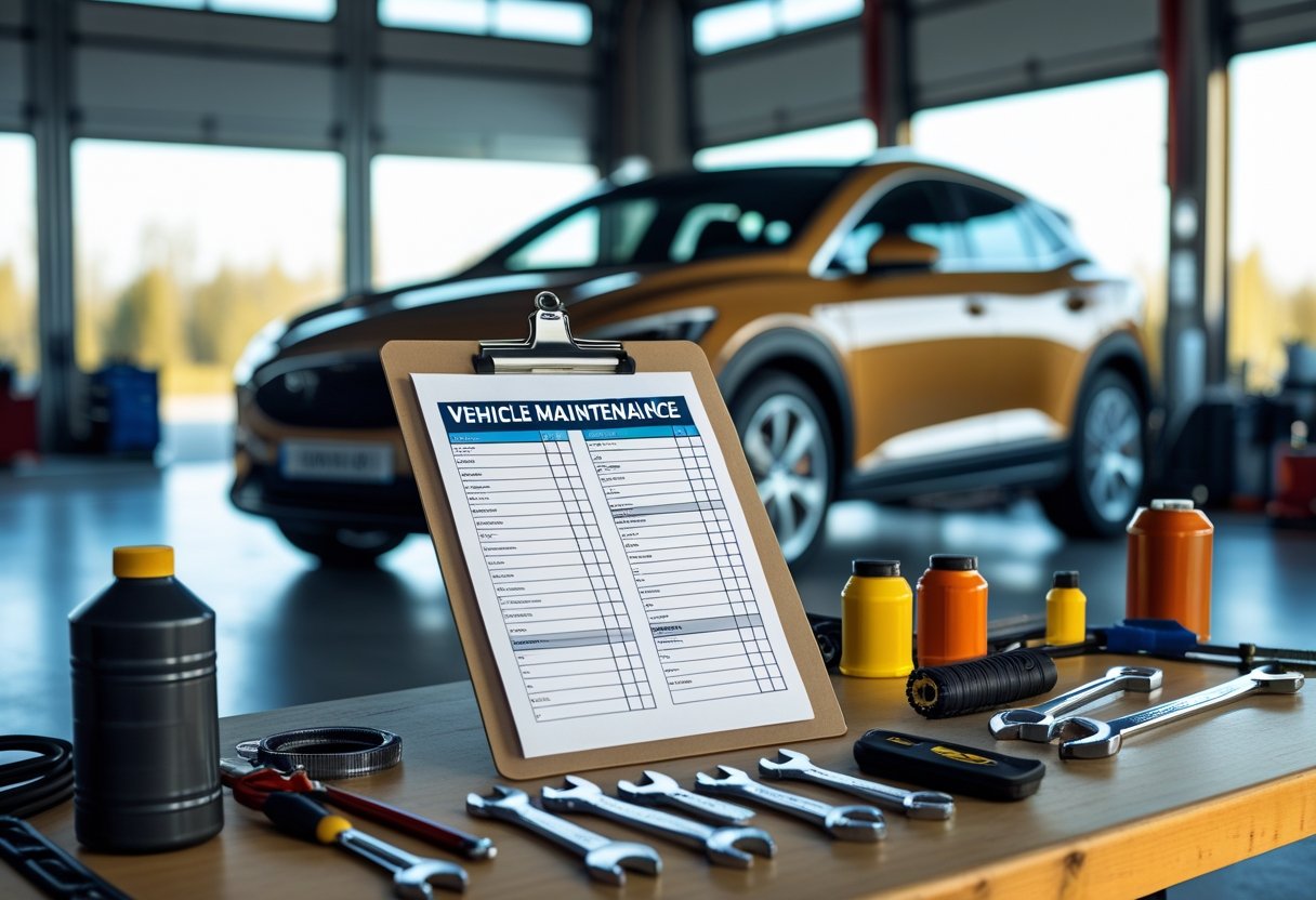 A clipboard with a vehicle maintenance checklist surrounded by automotive tools on a workbench in a garage with a car in the background.
