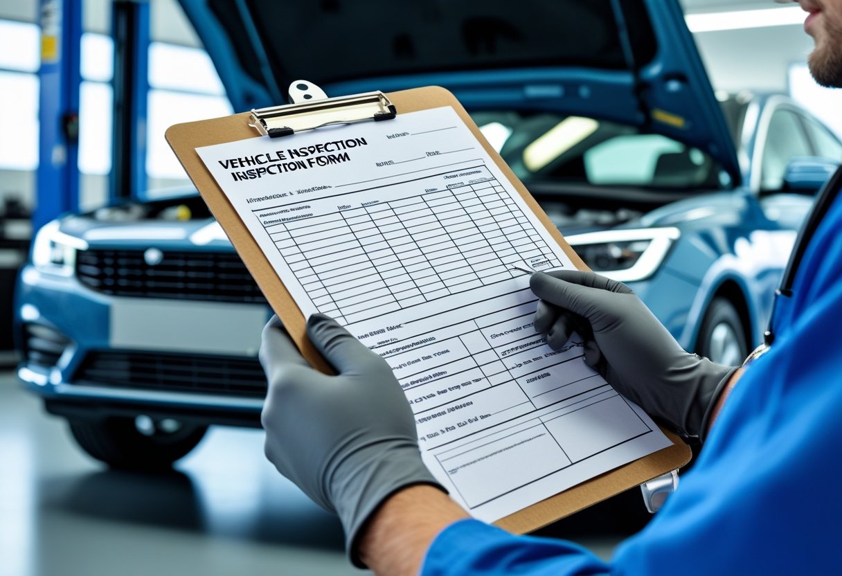 A mechanic holding a clipboard with a vehicle inspection form near a car with its hood open in an automotive workshop.