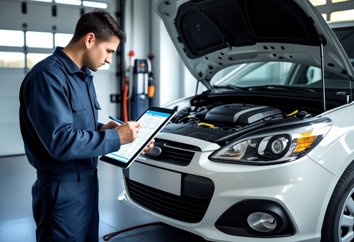 A mechanic inspecting a car with the hood open, using a tablet to check various vehicle parts in a clean garage.