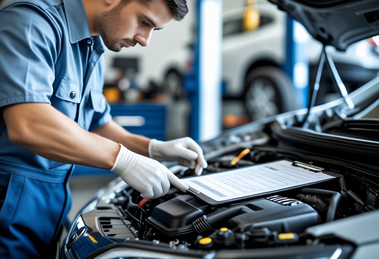 A mechanic inspecting a car with a checklist on a clipboard in an automotive workshop.