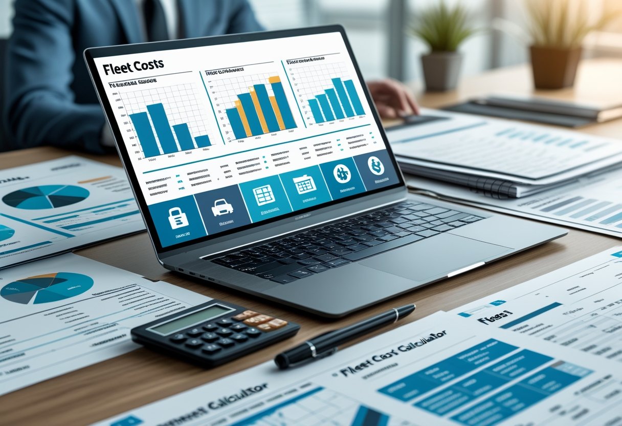 A desk with a laptop displaying financial charts, printed reports, a calculator, and a pen, representing fleet cost analysis in an office setting.