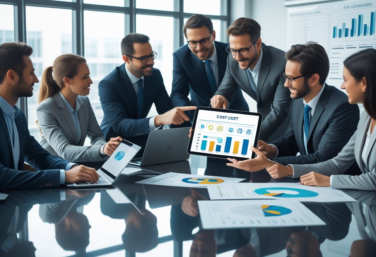 Business professionals collaborating around a table with laptops and charts showing vehicle fleet cost analysis in an office.