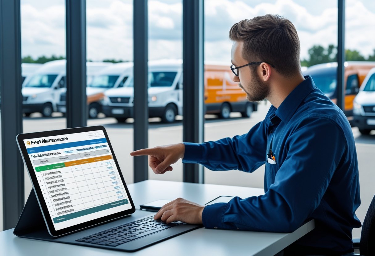 A person reviewing a digital fleet vehicle maintenance log on a tablet in an office with commercial vehicles visible outside the window.