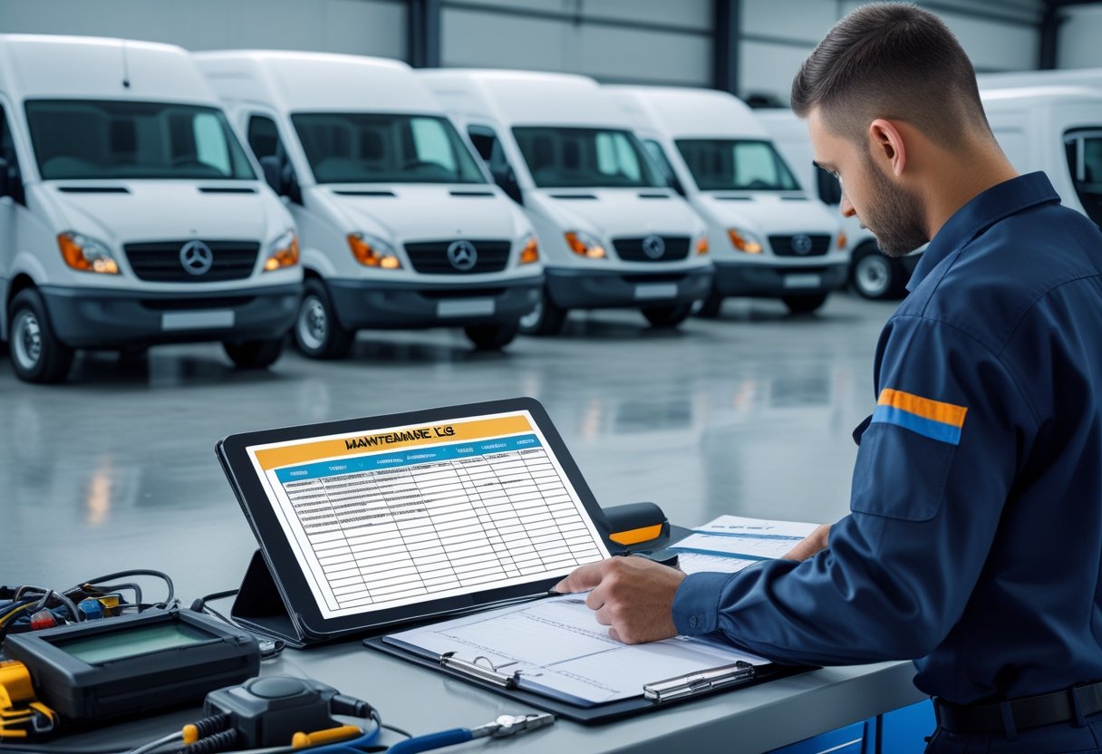 A person reviewing a vehicle maintenance log with fleet vehicles parked in the background in a garage.