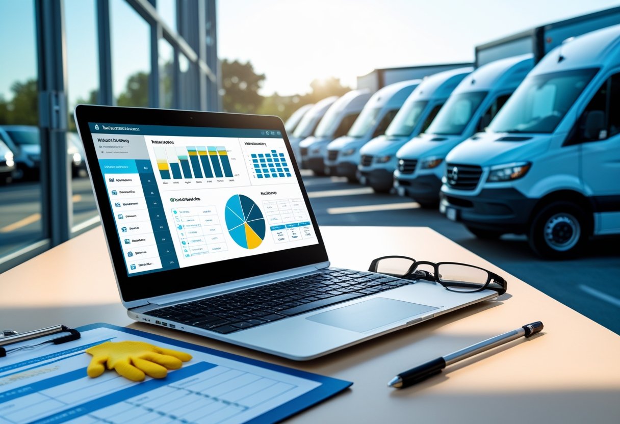 Workspace with a laptop showing vehicle maintenance data, clipboard with records, and a fleet of commercial vehicles parked outside.