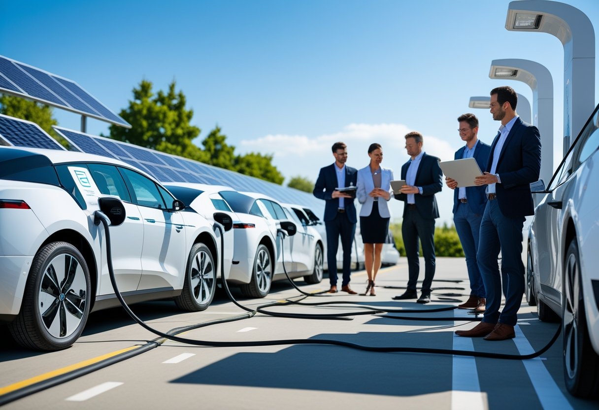 A row of electric cars charging at a station with business professionals discussing data nearby under a clear sky.