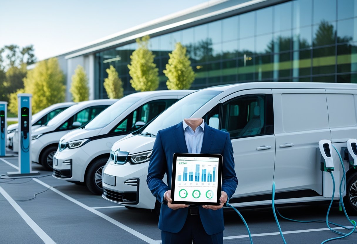 A professional standing in front of a row of electric vehicles parked at charging stations outside a modern office building.