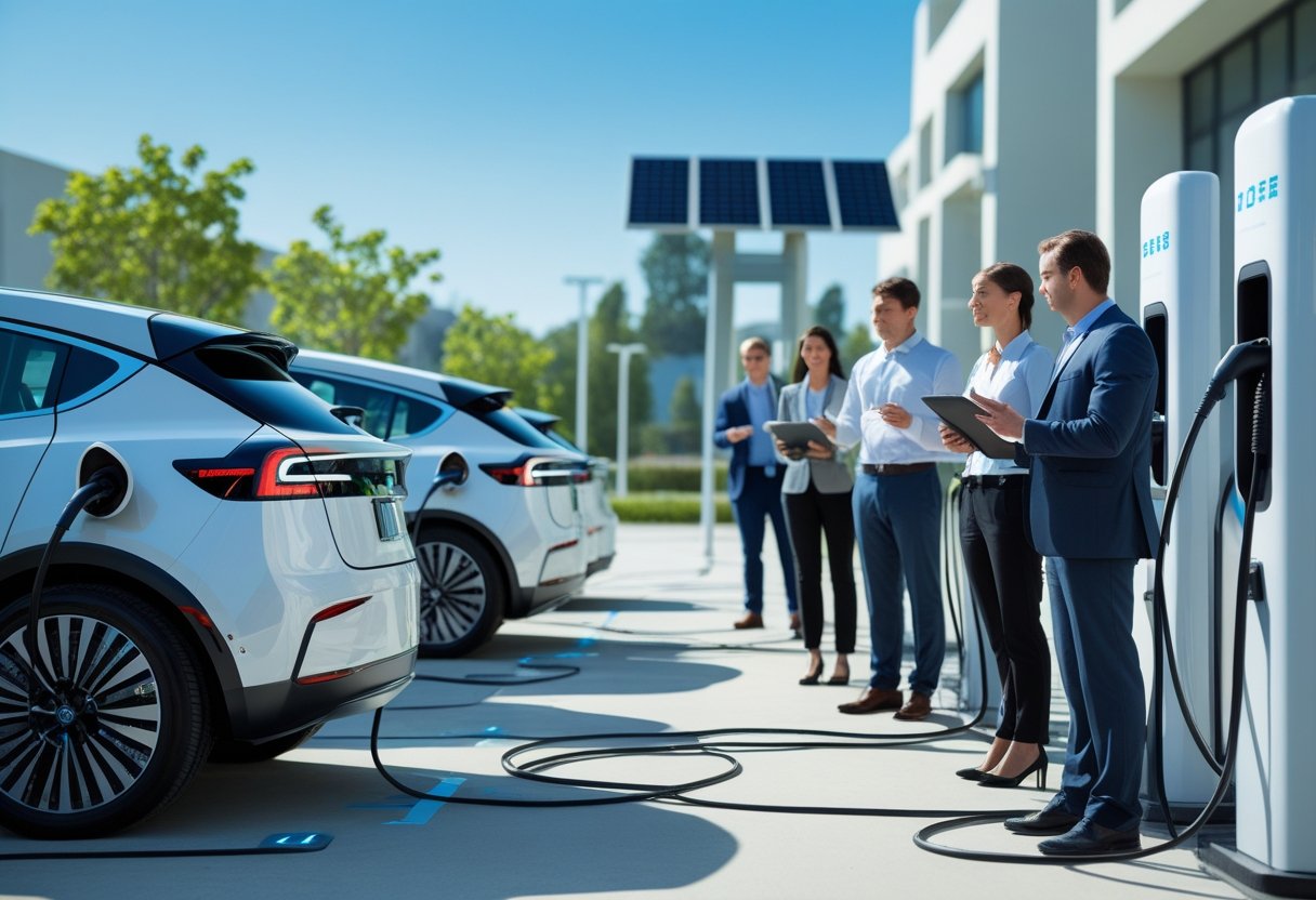 A row of electric vehicles charging at a station with professionals discussing fleet management nearby in an urban setting.