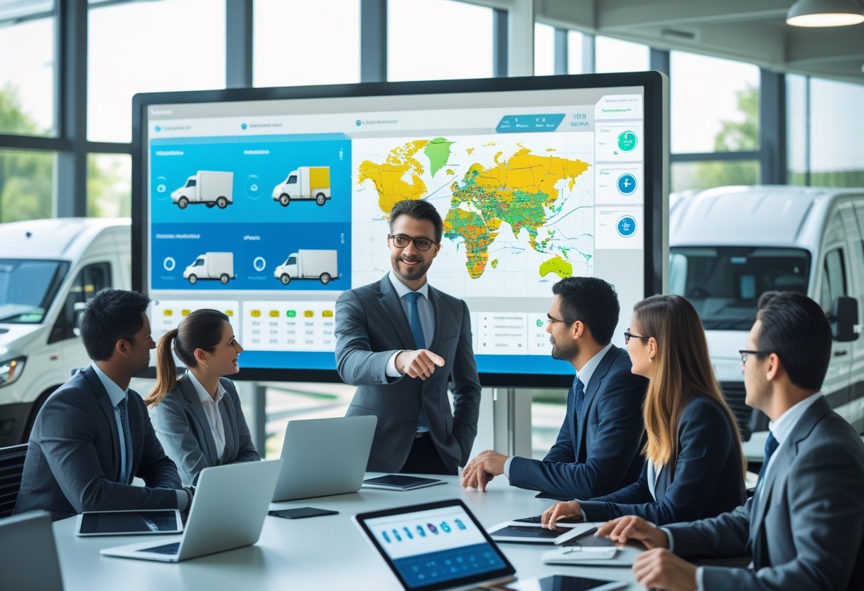 Business professionals in an office discussing fleet management with a digital dashboard and commercial vehicles visible outside.