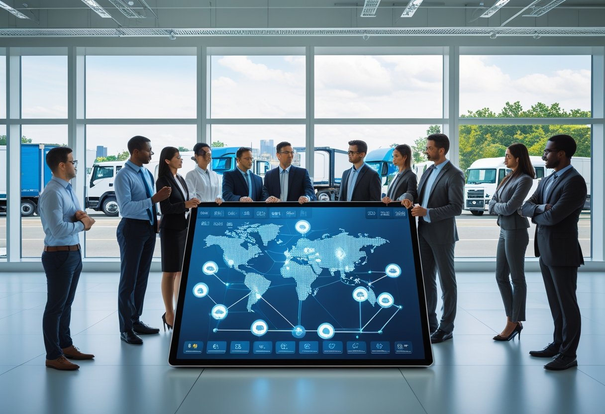 Business professionals gathered around a digital table showing a map with connected vehicles, with commercial trucks visible outside office windows.