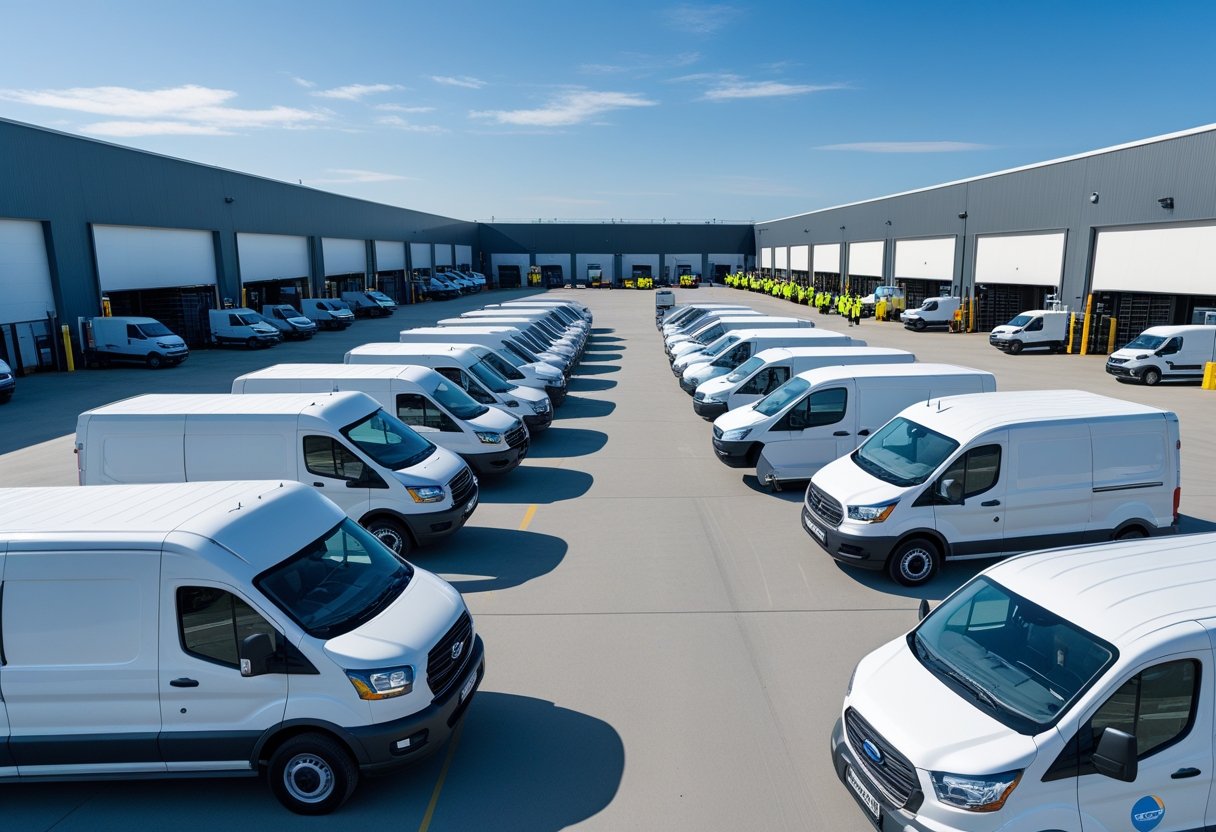 A fleet of delivery vans and trucks parked at a logistics hub with workers and industrial buildings in the background.
