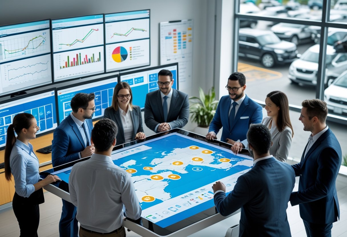 A team of professionals in a modern office using digital screens to monitor and manage a fleet of vehicles on an interactive map.