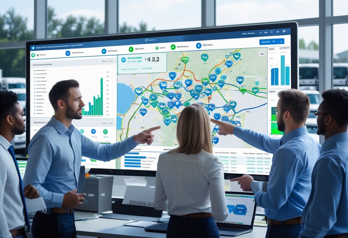 A team of professionals analyzing a digital dashboard with maps and charts in an office, with commercial vehicles parked outside a window.