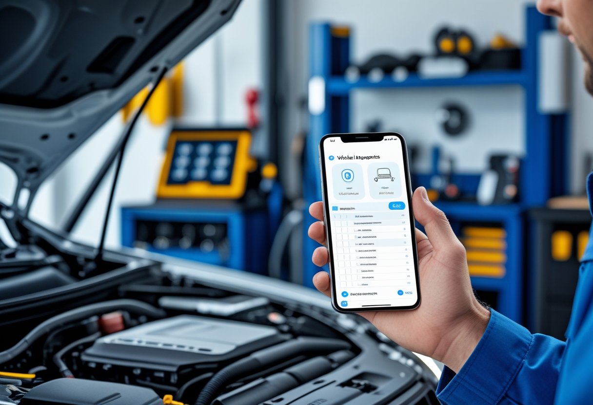 A person holding a smartphone with a vehicle inspection app open, standing next to a car with its hood open in a garage.