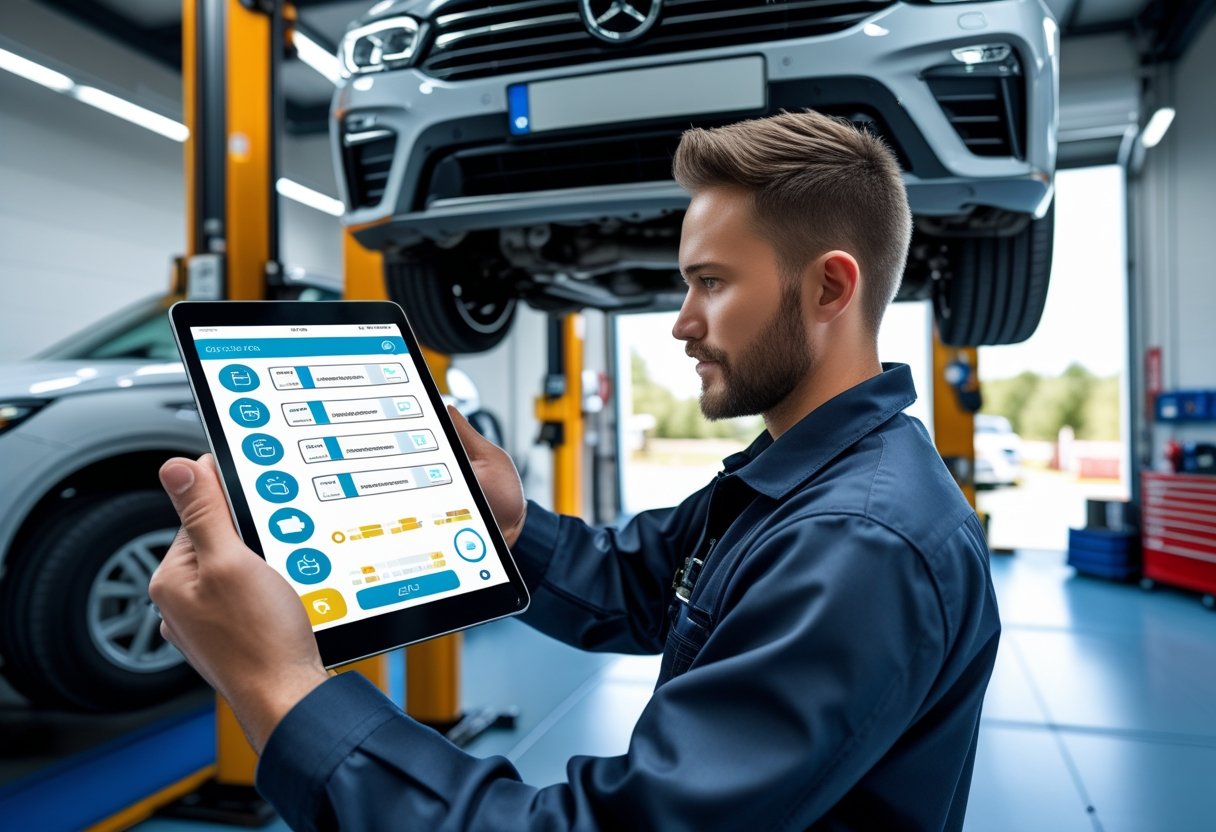 A mechanic using a smartphone app to inspect a car in an automotive workshop.