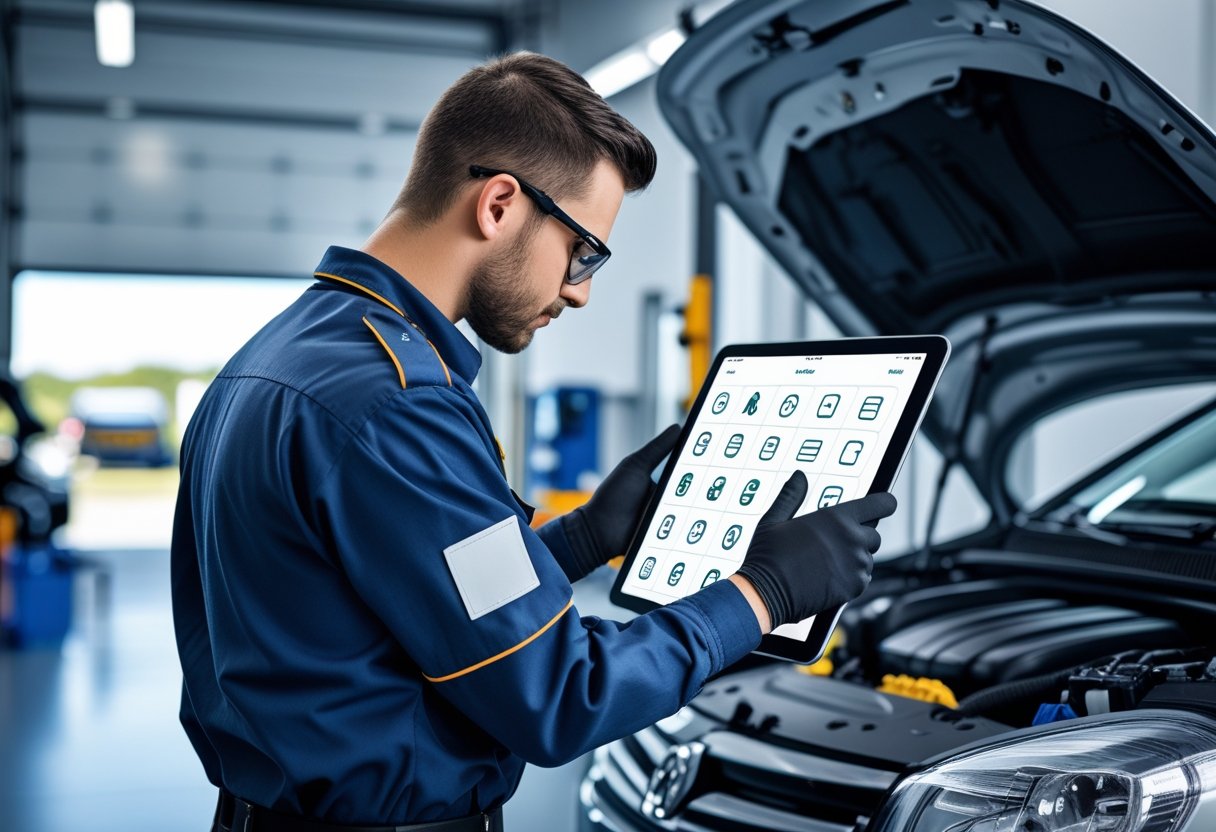 A vehicle inspector using a tablet to check a car in a bright automotive workshop.