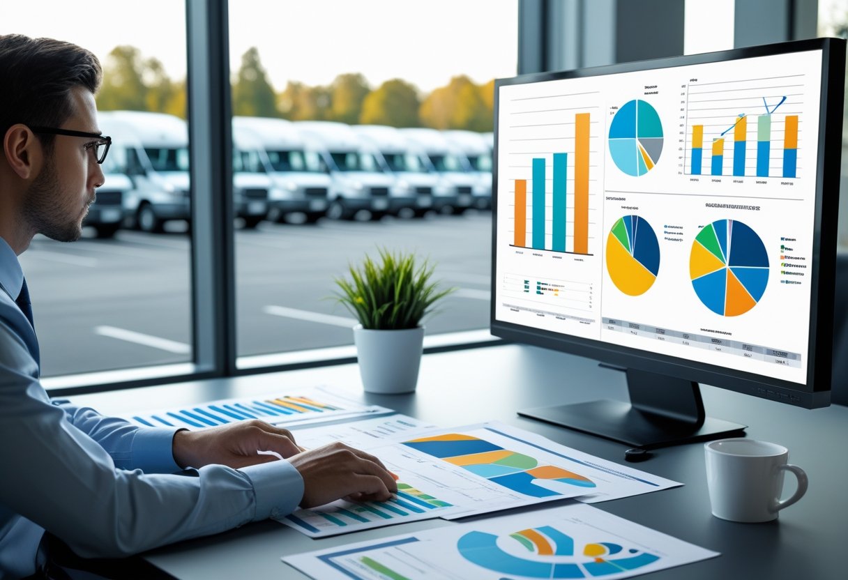 Business professional analyzing charts and graphs about fleet expenses in an office with commercial vehicles visible outside the window.