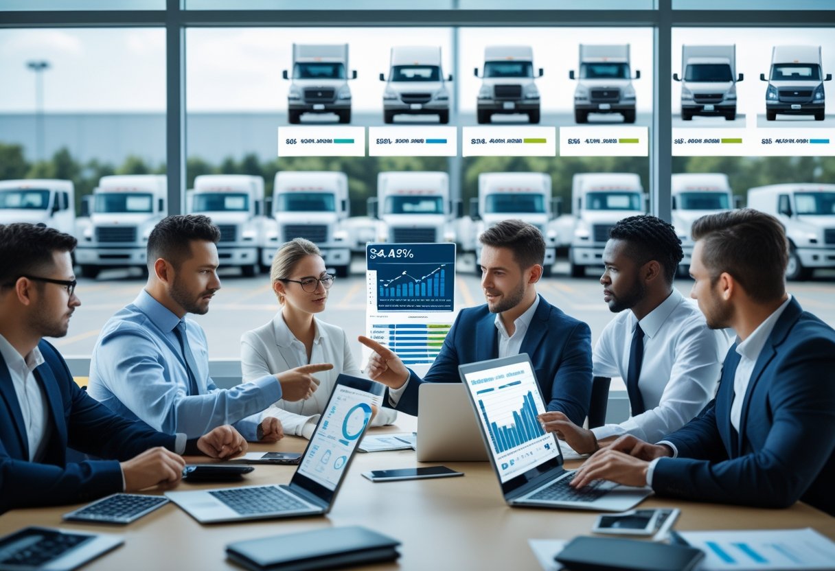 Business professionals in an office analyzing fleet vehicle cost data on digital screens and tablets with a parking lot of commercial vehicles visible through a window.