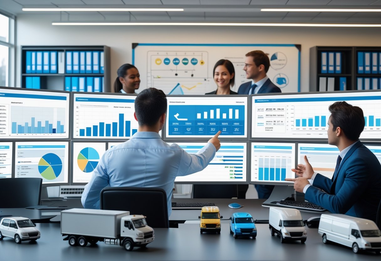 A group of professionals in an office reviewing digital charts and models related to fleet management expenses.