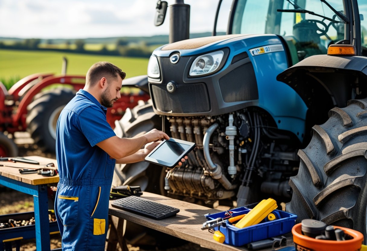 Mechanic inspecting a tractor engine outdoors with diagnostic tools in a farm workshop.