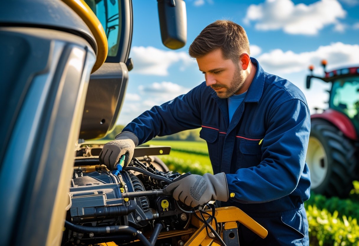 A technician repairing a large piece of farm equipment outdoors in a rural area.