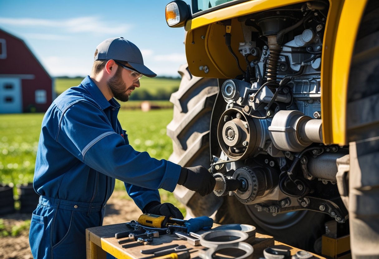 A mechanic repairing a large tractor engine outdoors on a farm with tools and spare parts nearby.